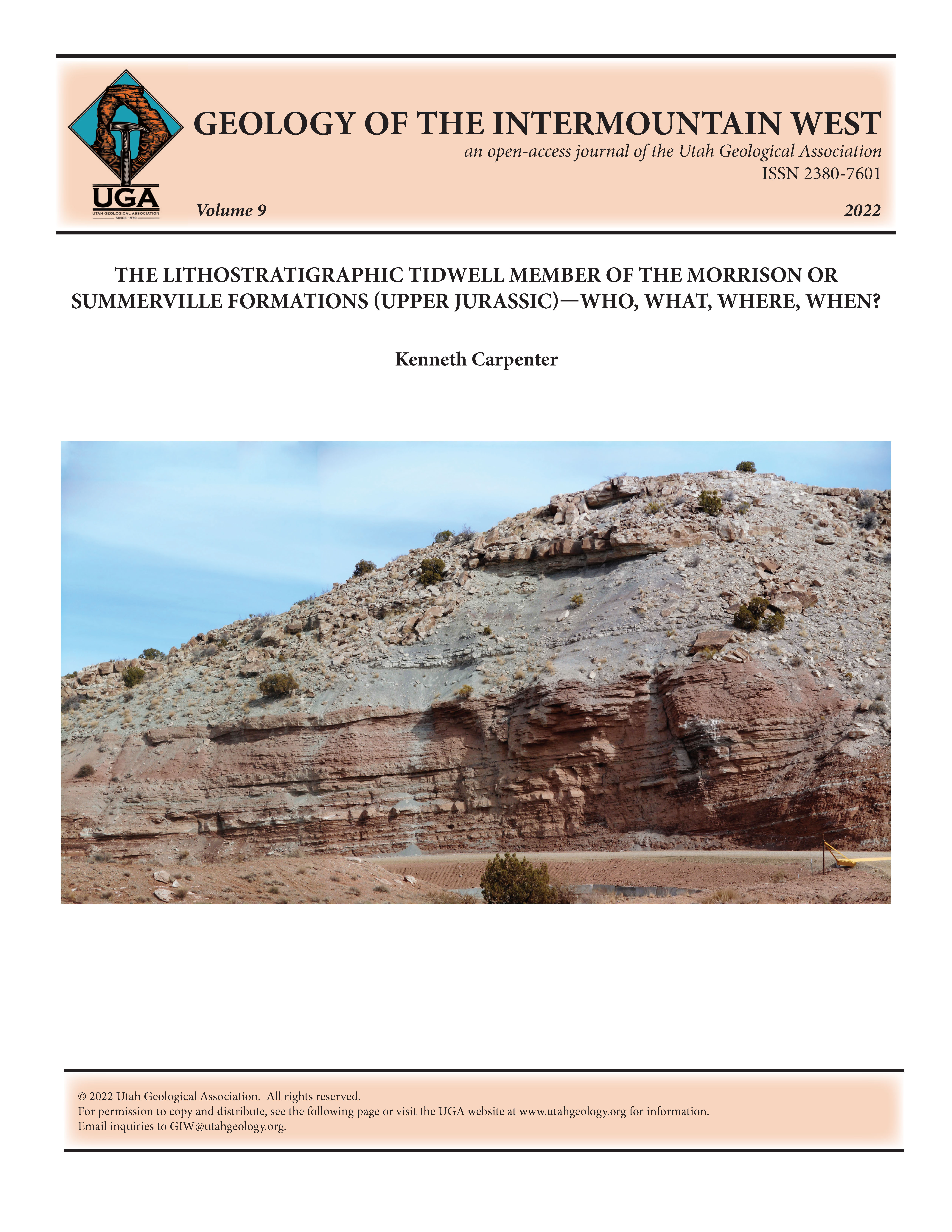 Tidwell Member of the Morrison Formation (gray bed) between the underlying Summerville Formation and sandstone beds of the Salt Wash Member of the Morrison Formation. Woodside anticline, Emery County, Utah.