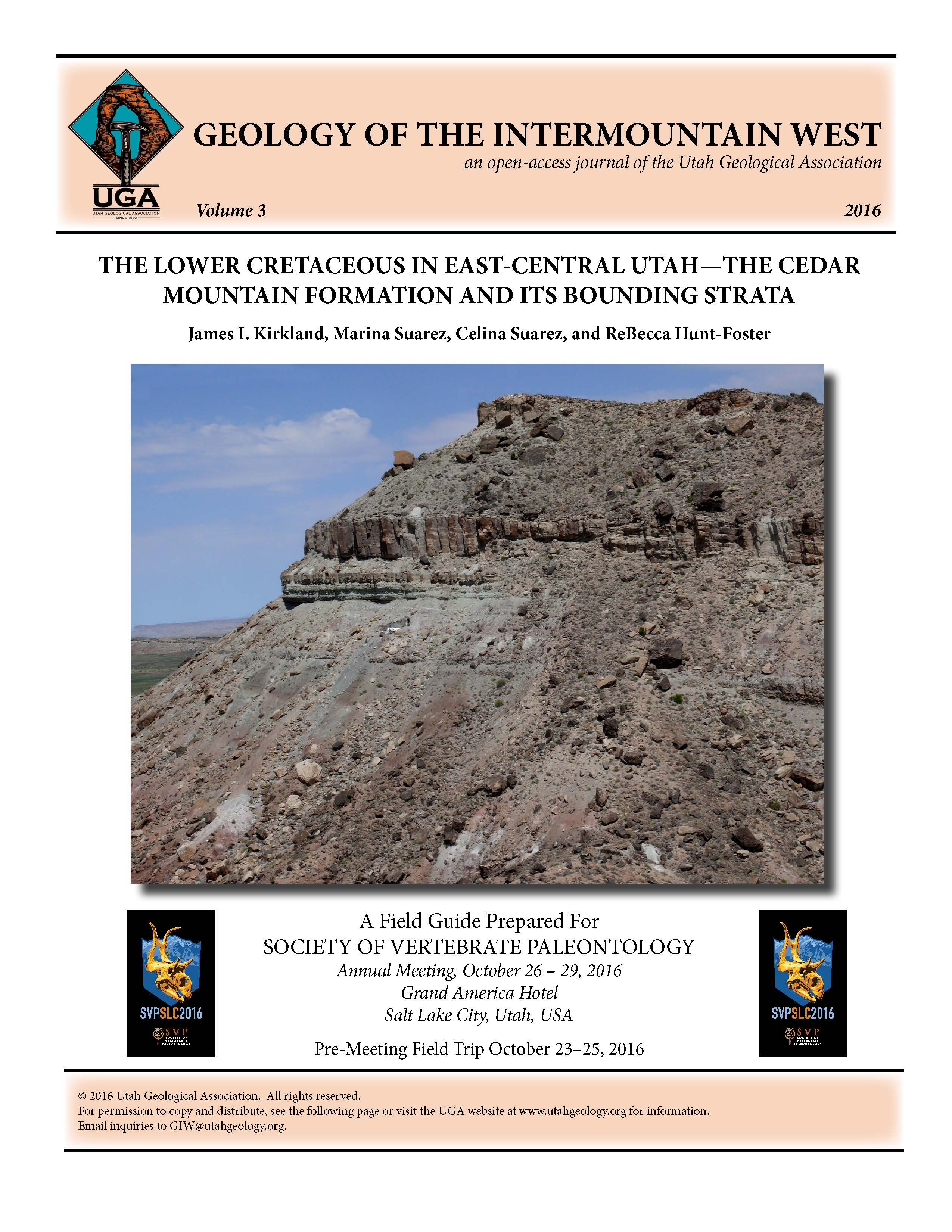 Cedar Mountain Formation at the Stikes Quarry on Utahraptor Ridge. The Stike Quarry (just below sandstone cliff) is in the upper Yellow Cat Member. The underlying Morrison Formation is the reddish slope at the bottom of photograph and the Naturita Formation caps the ridge.