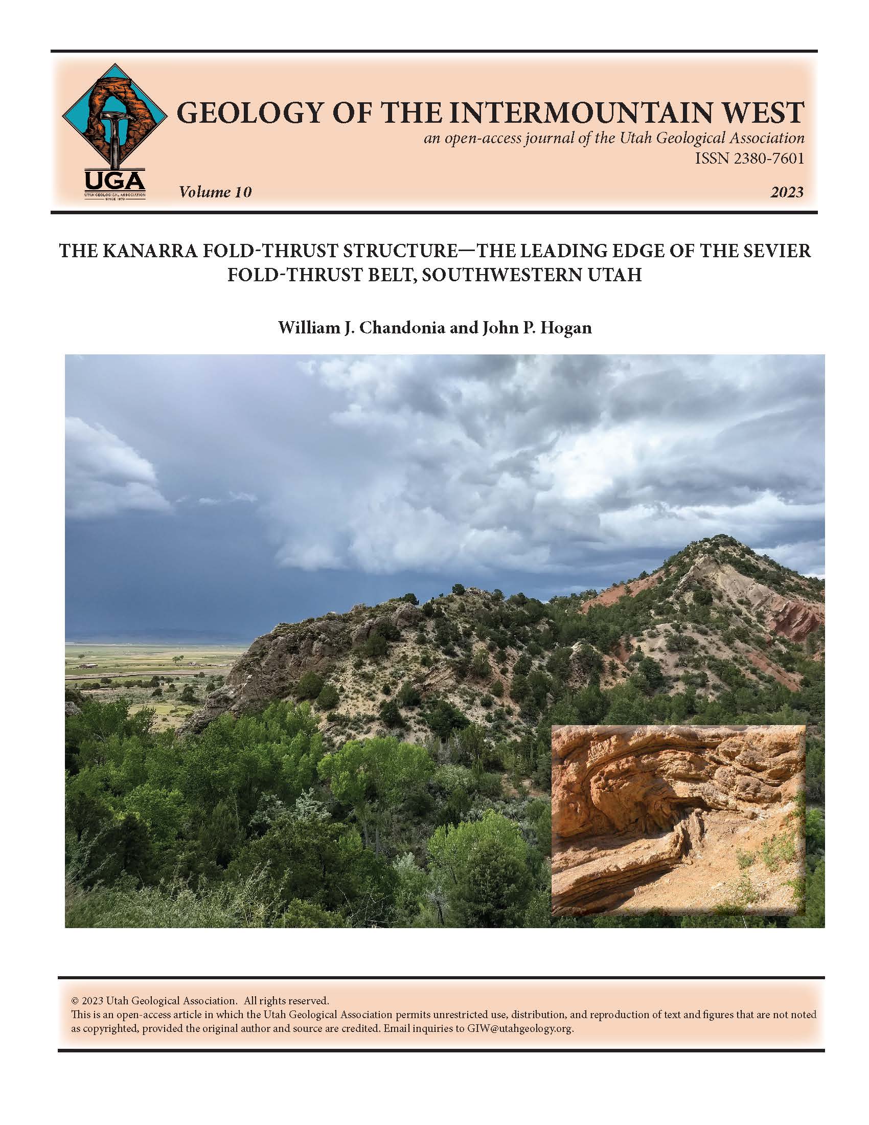 View from the Kanarra Falls trail looking north upon overturned, thrusted Permo-Triassic carbonates and siliciclastics. The Timpoweap Member of the Triassic Moenkopi Formation forms the higher, eastern ridge. Duplication of the lower red member on either side of the Timpoweap Member reveals a major fold accommodation fault along the east limb of the Kanarra fold-thrust structure—the Kanarra Creek thrust. Inset: View south near the entrance to Spring Creek Canyon of a break-thrust fold in the Fossil Mountain Member of the Permian Kaibab Formation, which is a smaller, partial mimic of the larger Kanarra fold-thrust structure (see figure 12, p. 23 for a complete description).