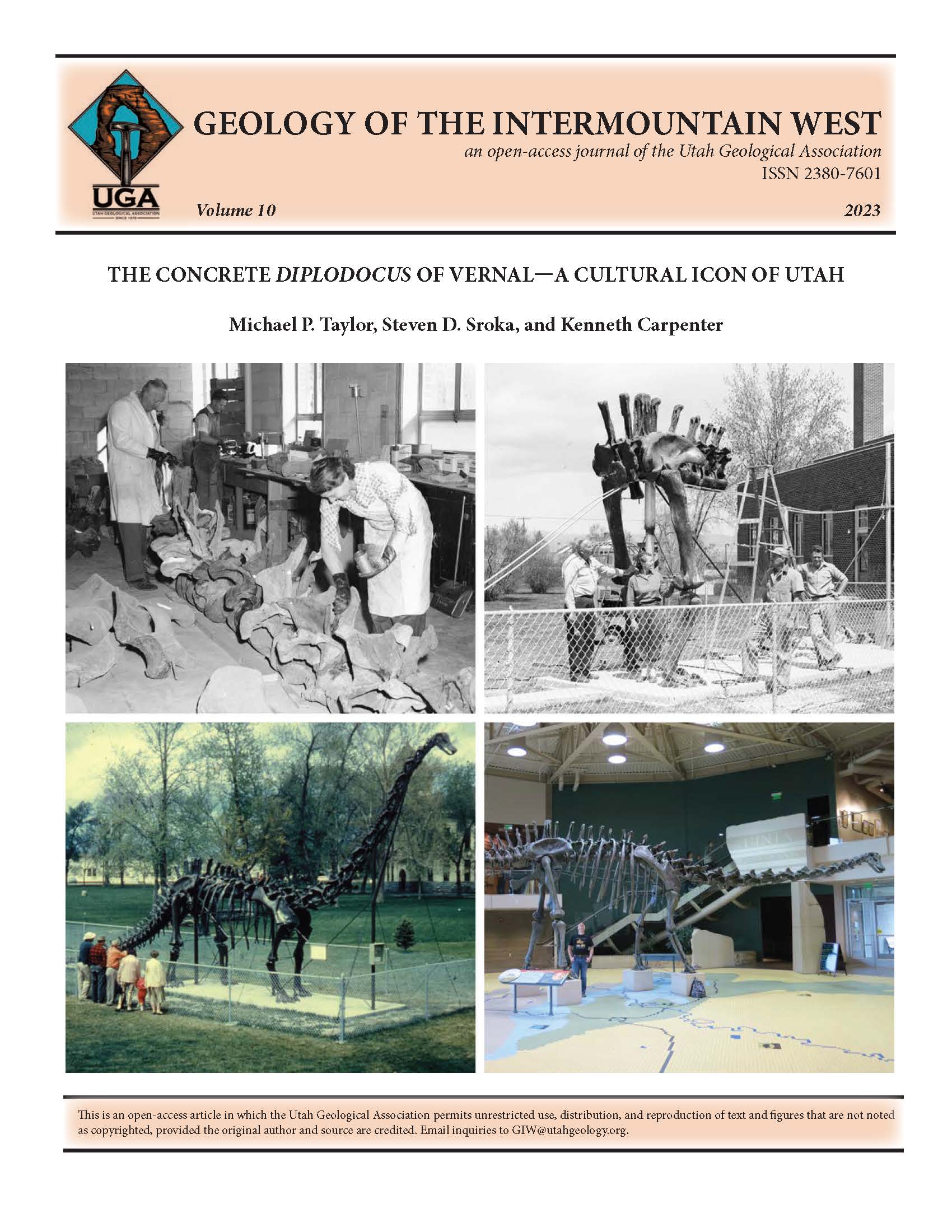 The concrete Diplodocus of Vernal through time. Top left: Field House Museum Director G. Ernest Untermann and Staff Scientist Billie Untermann preparing concrete dorsal vertebrae (24 January 1957). Top right: The Untermanns and Field House staff assemble the concrete Diplodocus outside the museum, starting with the sacrum, pelvis, and hind limbs (later in 1957). Bottom left: the completed outdoor mount (undated). Bottom right: a second-generation lightweight cast made from molds taken from the concrete Diplodocus (May 8, 2016).