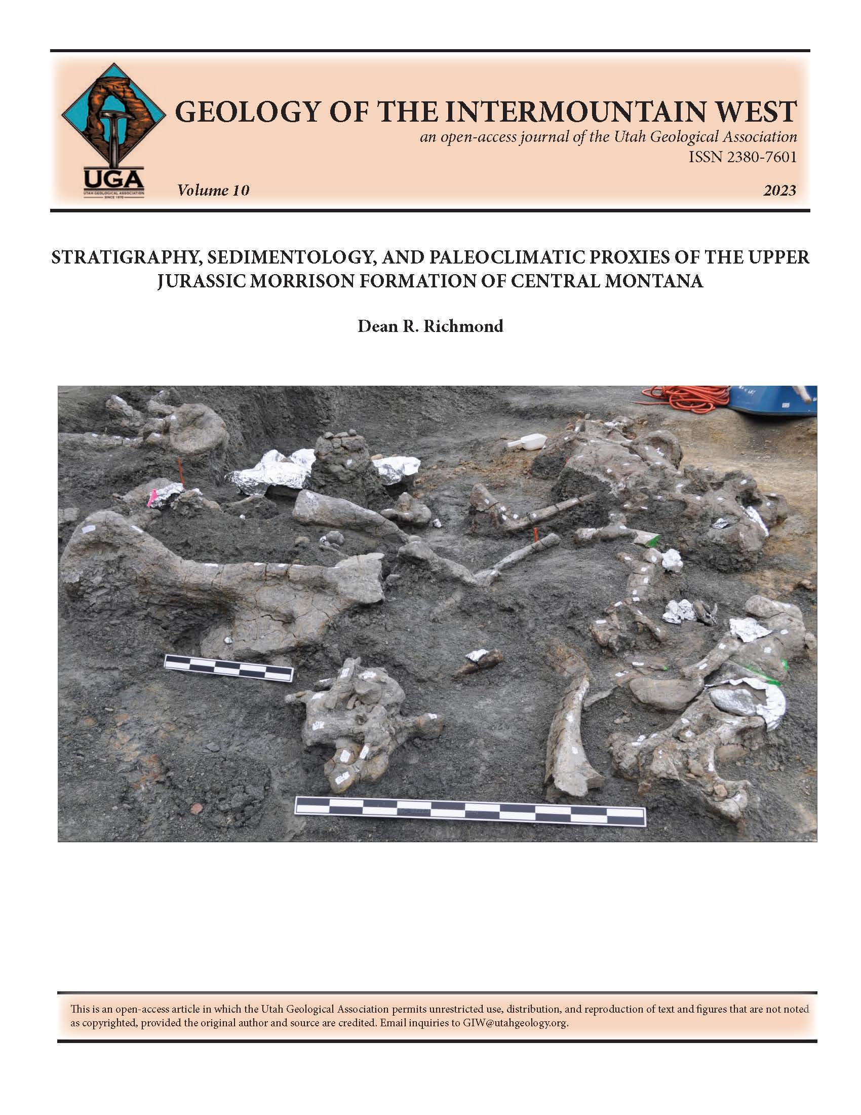 Fossil dinosaur bones were first discovered in the Upper Jurassic Morrison Formation near the town of Grass Range, Montana, in 1987. The first excavation commenced in 2003 by the Judith River Dinosaur Institute. The discovery of numerous fossil dinosaur bones and ongoing excavations prompted geologic research in the area. The photograph is of the 2017 Judith River Dinosaur Institute Quarry 3 excavation. The quarry is stratigraphically 28 m above the underlying Swift Formation. Large, disarticulated sauropod bones can be seen exhumed from a gray mudstone bed. Scales are 1 m and 0.5 m.