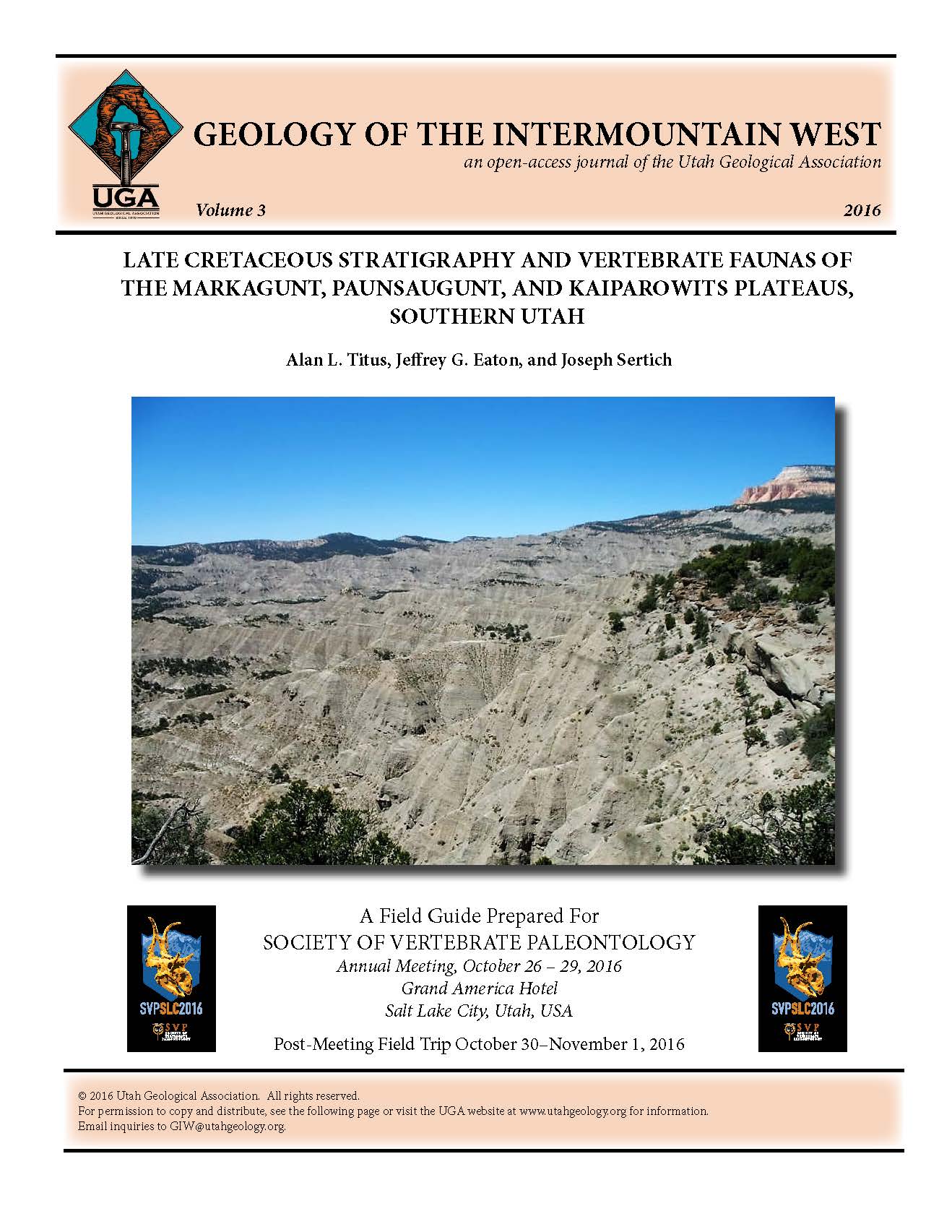 View looking west over the Blues from the upper view point along Utah SR 12. The lower 400 m of the Upper Cretaceous Kaiparowits Formation is seen from this view as well as the pink and and white cliffs of the Paleocene–Eocene Claron Formation.
