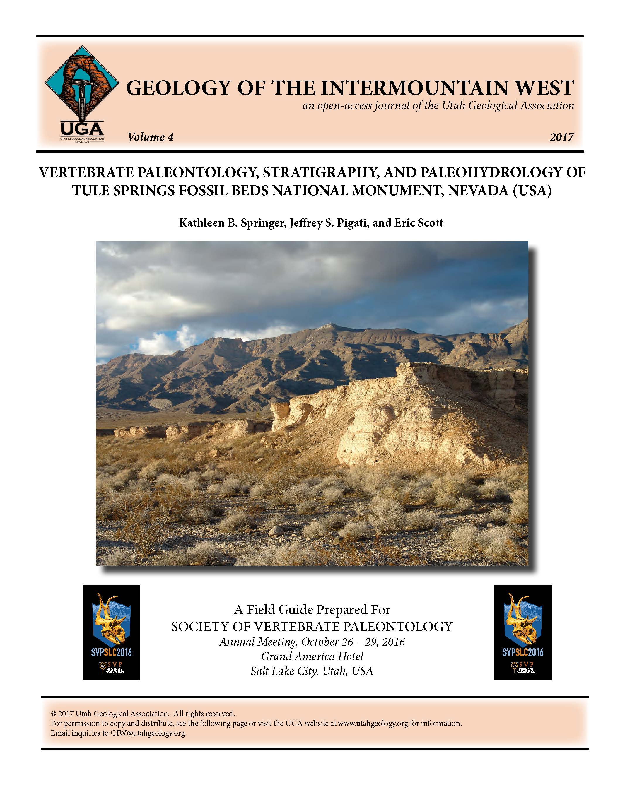 Buff-colored deposits sit against the backdrop of the Las Vegas Range just outside the city limits of Las Vegas. Once thought to be remnants of a large pluvial lake called Lake Las Vegas, these deposits actually record the presence of extensive desert wetlands that acted as watering holes to an array of Pleistocene megafauna, including mammoth, sloth, camel, horse, bison, American lion, dire wolf, and sabre-toothed cat.