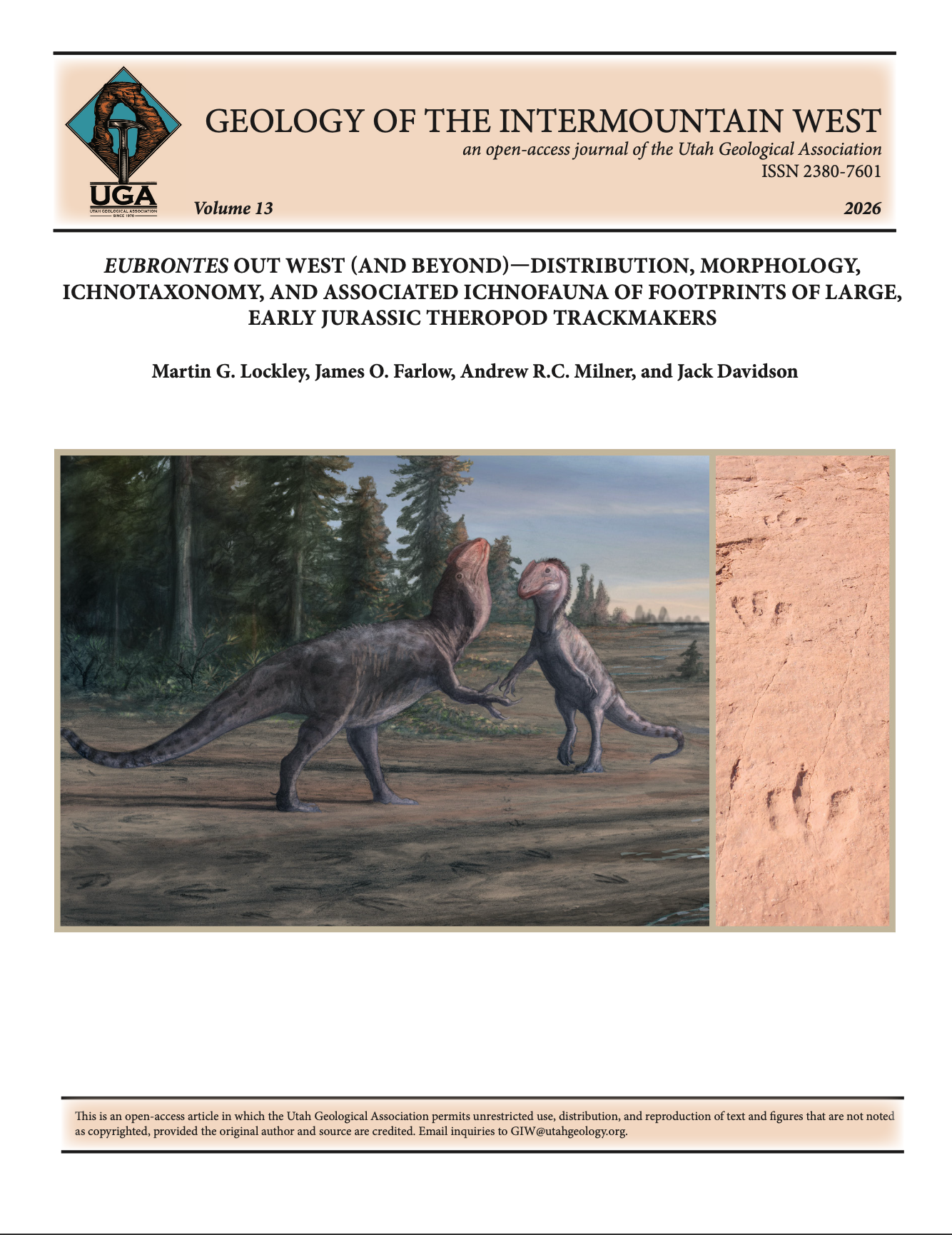 Left: Two Dilophosaurus producing Eubrontes footprints. Portion of an illustration called the "Kay- enta Timeline" by Brian Engh, LivingRelicProduc- tions.com, commissioned by the St. George Dinosaur Discovery Site. Right: Three Eubrontes tracks in a trackway in the lower Kayenta Formation at the Warner Valley Tracksite, Washington County, Utah. Photograph by Andrew Milner.