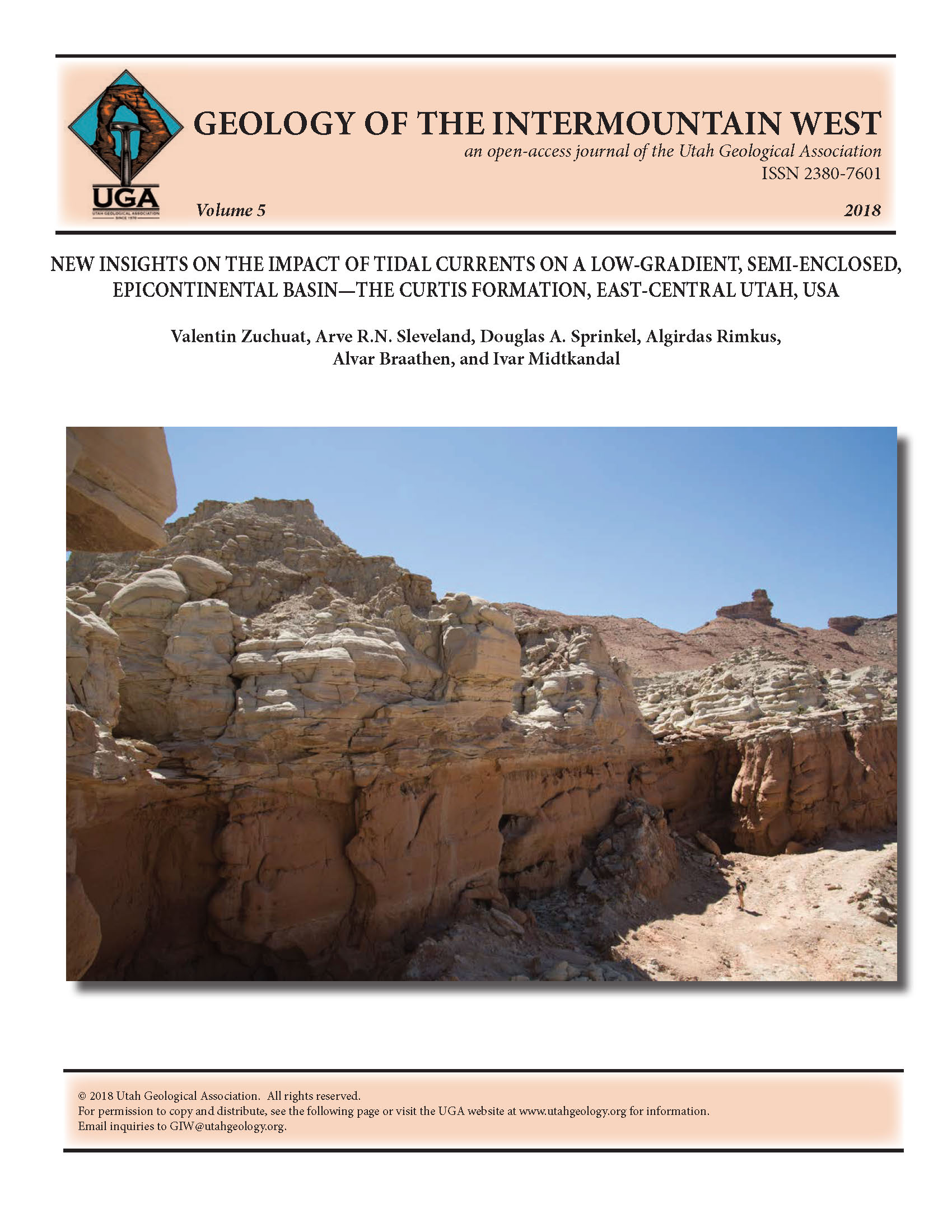 View from the Lower South Desert Overlook, Capitol Reef National Park, displaying the earthy facies of the Callovian Entrada Sandstone (reddish-colored sandstone), overlain by the Oxfordian, tidally influenced Curtis Formation (light-colored sandstone). The two units are separated by the J-3 unconformity, which coincides here with the Major Transgressive Surface (MTS) at the base of the informal middle Curtis. Note the evidences of tidal ravinement at the base of the middle Curtis. The middle Curtis consists mainly very fine to fine-grained sandstone, and corresponds to a sub- to intertidal channel- dune-flat complex depositional setting. The middle Curtis gradually grades into the thinner-bedded, very fine-grained, sub- to intertidal heterolithic flat deposits of the upper Curtis, which is conformably overlain by the Summerville Formation. Note the geologist in the lower right quadrant of the photograph for scale.