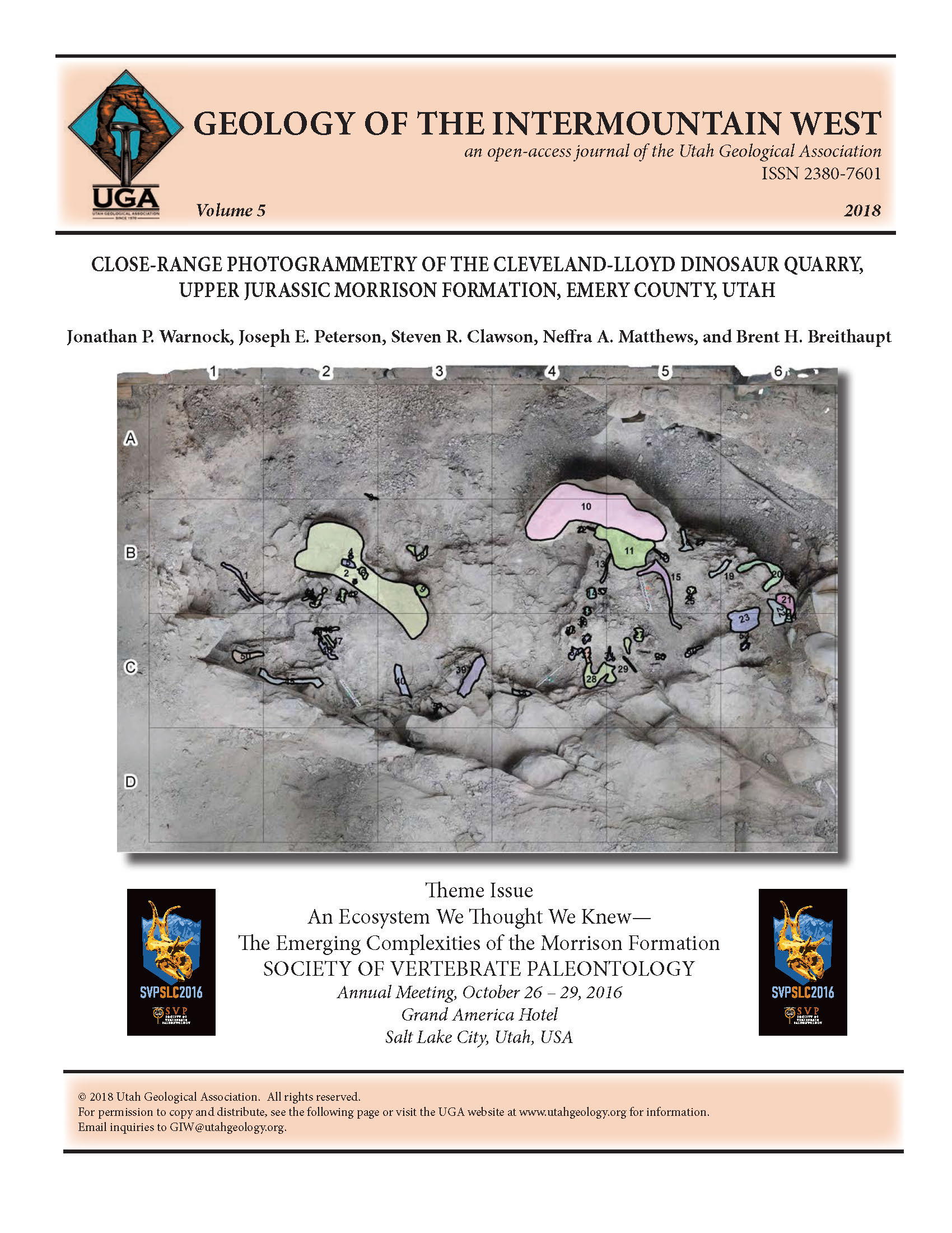 Orthomosaic map of the 2015–2017 excavations of the South Butler Building at the Cleveland-Lloyd Dinosaur Quarry produced from photogrammetry and standard grid mapping. The Cleveland-Lloyd Dinosaur Quarry is located on the San Rafael Swell, Emery County, Utah.