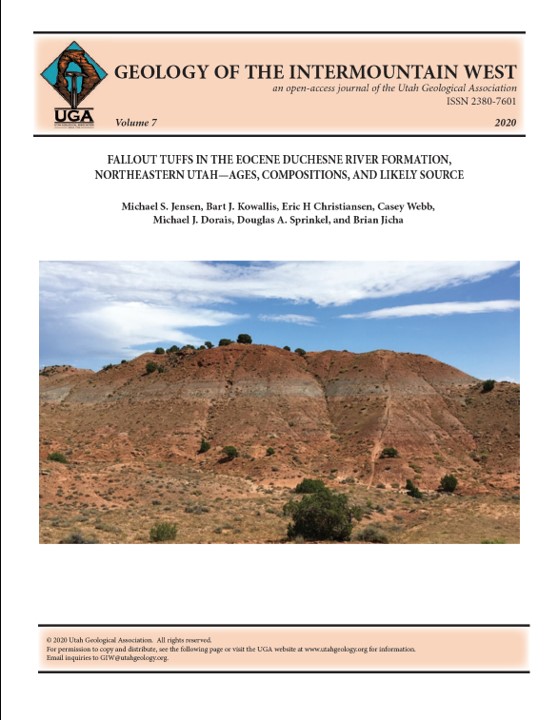 East view of the prominent 5.5-m-thick tuff bed at the base of the Lapoint Member of the Duchesne River Formation. The base of the light-colored tuff bed is used as the contact with the underlying Dry Gulch Creek Member of the Duchesne River Formation. This outcrop of the tuff is located about 13 km west of Vernal, Utah, just off Utah SR-121 at 40.416519 N. latitude and 109.746494 W. longitude. See figure 3 and appendix 1 in this article for details.