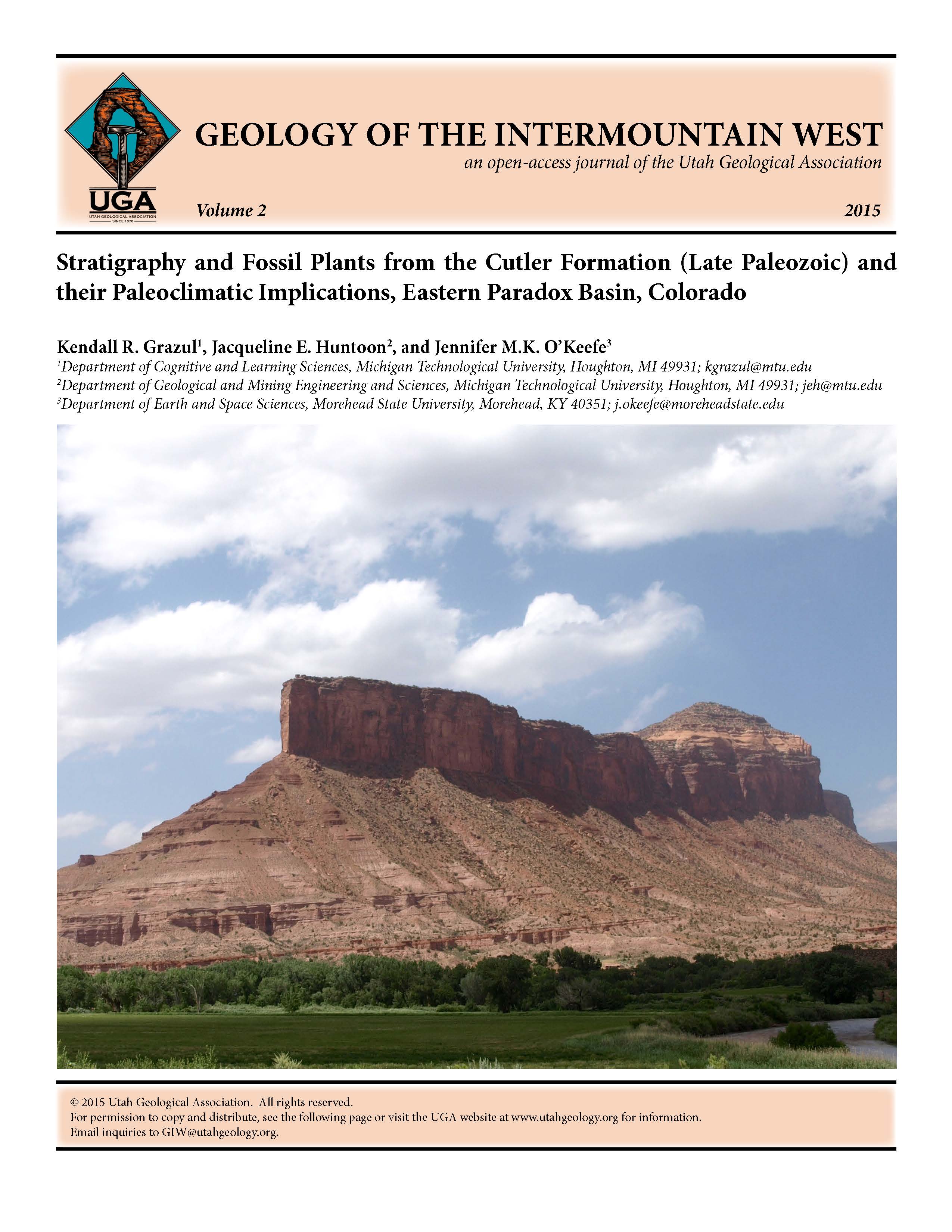 The Palisade is a narrow ribbon-like mesa that rises abruptly from the surrounding area. A layer-cake succession of late Paleozoic to Jurassic-aged strata is exposed in the cliff faces that comprise the margins of The Palisade. Photograph by Kendall R. Grazul.