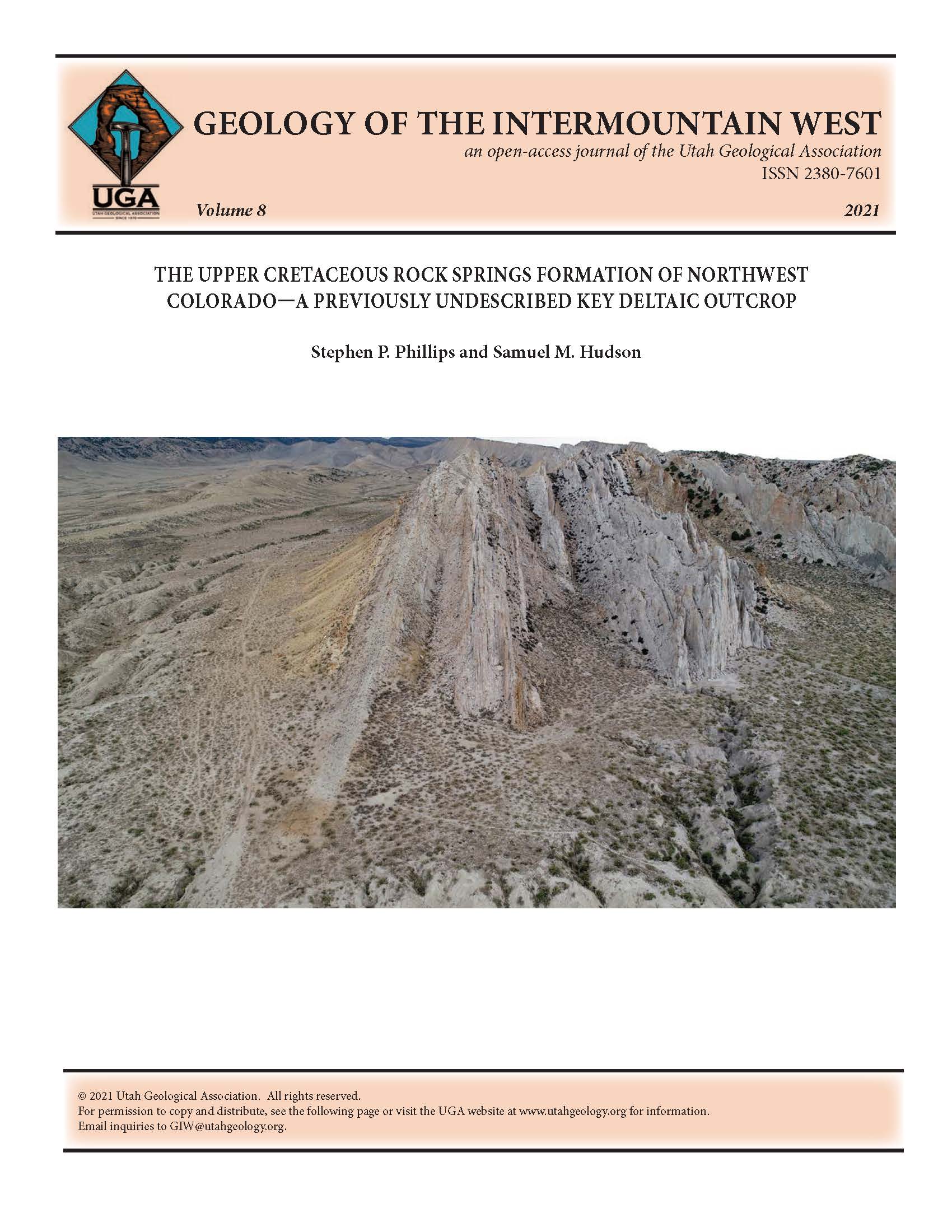 Drone photograph of the north side of Vermillion Creek. The Upper Cretaceous Rock Springs Formation is centered in the photograph. The top of the Rock Springs Formation is just right of center within a prominent valley. Above the Rock Springs Formation is the gray-colored Trail Member of the Ericson Sandstone, followed by the brown colored Rusty zone of the Ericson Sandstone. The Rusty Member also forms a prominent valley. The Canyon Creek Member of the Ericson Sandstone is in the upper right-hand corner of the photograph. The horizontal distance across the center of the photograph is approximately 500 m.