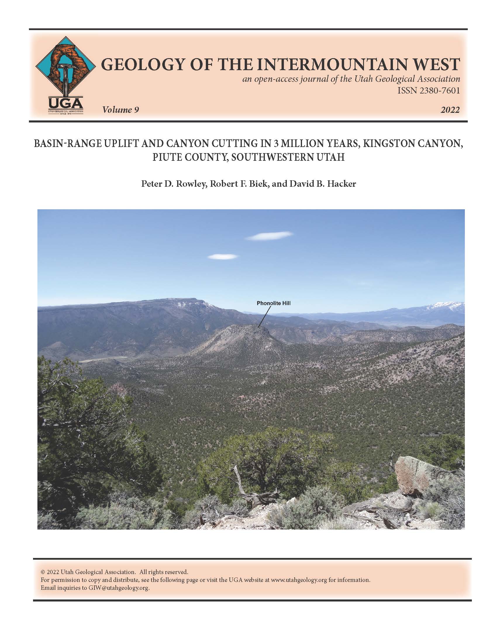 View south from Forshea Mountain showing Phonolite Hill. Phonolite Hill, a rhyolite dome, erupted 5 million years ago at the bottom of Kingston Canyon. The photographer is standing on the 8 Ma rhyolite of Forshea Mountain. The top of the gently east-dipping canyon wall across the canyon would have been a valley floor 8 million years ago. The Sevier fault is to the right of the hills at the far right of the view, west of which is a glimpse of Sevier Valley. The base of the 5 Ma rhyolite dome of Phonolite Hill is at the current canyon floor, showing here a minimum of 4000 feet (1200 m) of uplift (it would show as more if the south wall were projected out to the Sevier fault) on the Sevier fault between 8 and 5 Ma.