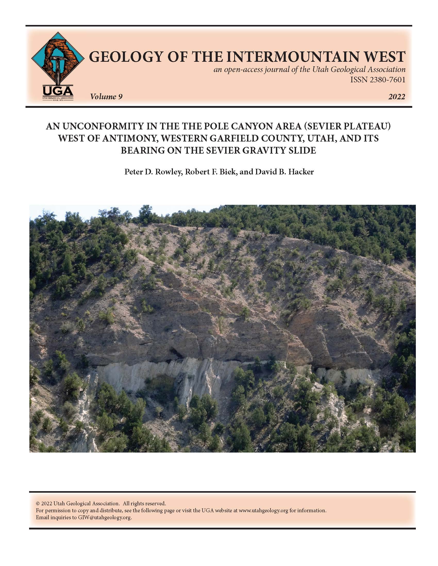 View south of unconformity on Hoodle Creek. The vertical light-colored beds of the Brian Head strata are truncated under gently east-dipping, well-bedded brownish- colored gravels likely of the Sevier River Formation.